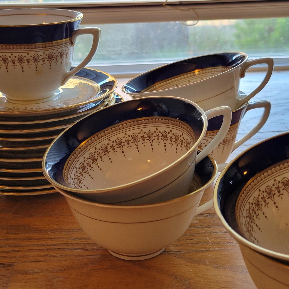 Classic White and Navy Porcelain Teacup Set with Gold Trim